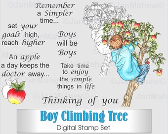 Boy Climbing Tree Digital Stamp Set- Instant Digital Download