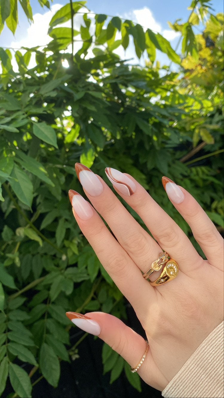 Almond / Oval Shape Press-on Nails - Chocolate Brown Swirl Nail Art With  French Tip. - Etsy, image size:750x1333