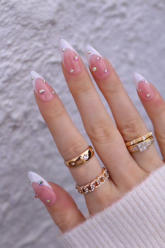 Medium, Almond Shape, Press-on Nails With French Tip and Diamonds /  Diamontes 