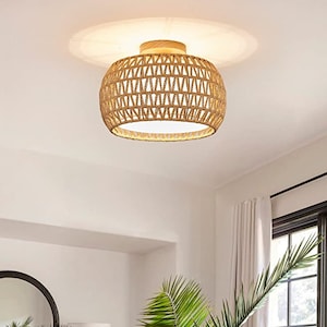 Rattan Ceiling Light Fixtures, Hand-Woven Boho Flush Mount Ceiling Light, Handmade Rattan Light Fixtures Ceiling Mount with Fabric Shade