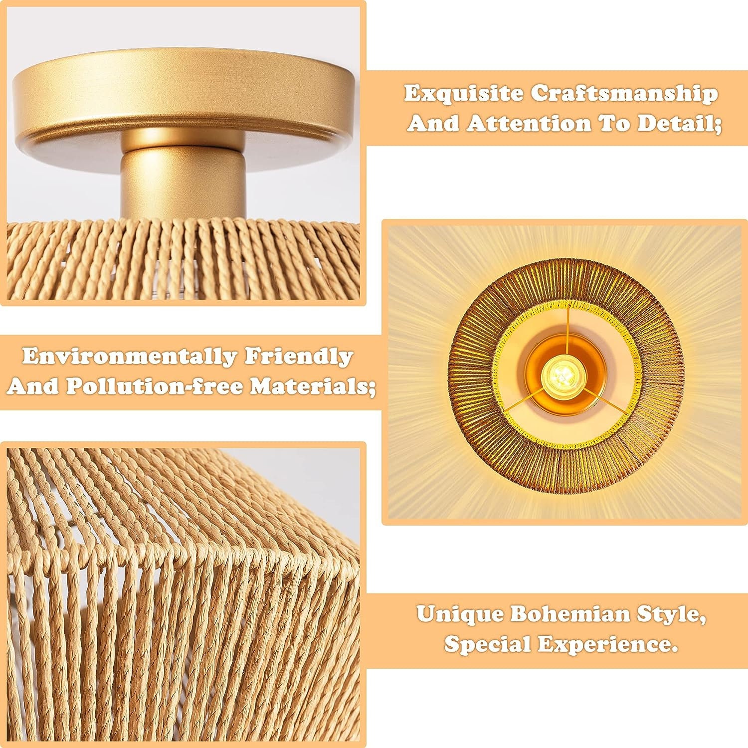 thumbnail image 2 of Farmhouse Flush Mount Ceiling Light Fixture, 3-Light Rattan Bedroom Ceiling Ligh 2 of 13