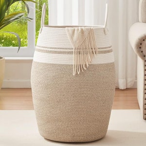 Laundry Hamper Woven Cotton Rope Large Clothes Hamper JUMBO SIZE Tall Laundry Basket with Extended Cotton Handles for Storage Clothes