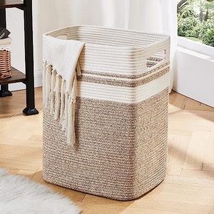 Laundry Hamper-Laundry Basket,Tall Cotton Storage Basket with Handles,Decorative Blanket Basket for Living room,Collapsible Large Basket