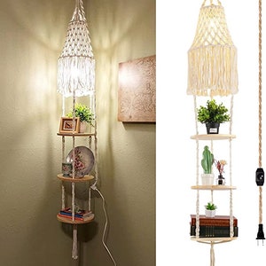 Boho Plug in Pendant Light, Hanging Light with Plug in Cord, Hanging Lamp Macrame Lamp Shade, 3 Tier Hanging Plant Shelf Shelves