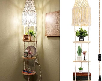 Boho Plug in Pendant Light, Hanging Light with Plug in Cord, Hanging Lamp Macrame Lamp Shade, 3 Tier Hanging Plant Shelf Shelves