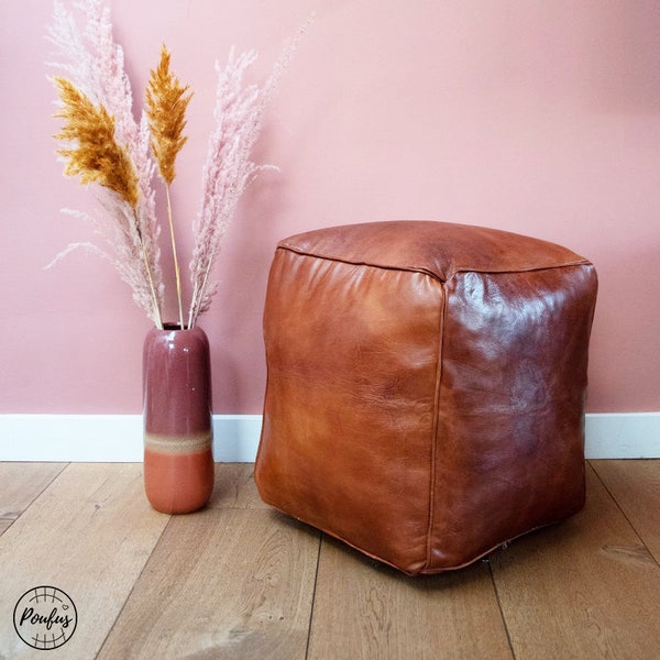 Premium Square Leather Pouf - Honey Brown - Pouf en cuir carré- Free shipping