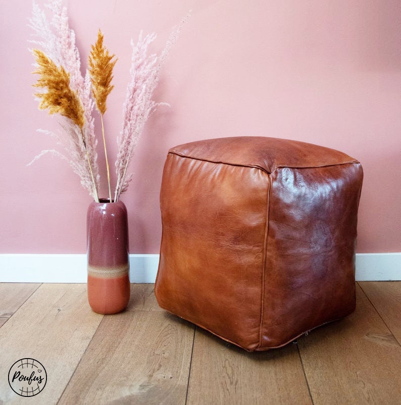 Premium Square Leather Pouf - Honey Brown en Cuir Carré- Free Shipping