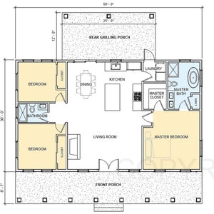 Cedar Springs Modern Ranch House Plan - 3 bed 2 bath (30&#39;x50&#39;) 1500 Square Feet - Porch - Floor Plan Blueprint
