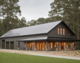 May include: Artistic impression of a modern farmhouse with a gray exterior, a metal roof, and large windows. The house has a covered porch and a garage with three garage doors. The house is surrounded by trees and a grassy lawn.