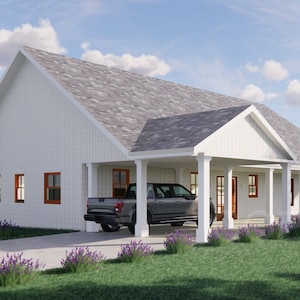 Lakeview House with Carport Plans - Open Plan Design - Modern Farmhouse 3 Bed/2 Bath 1920 Square Feet - Drawings Blueprints