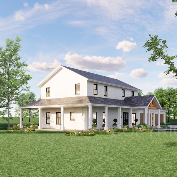 Crystal Springs Barndominium House Plan Design - 5 Bed 3.5 Bath 2,970 sq ft - 4 Garage - Drawings Blueprints