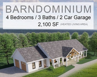 Plano de casa Barndominium en Cedar Springs: 4 habitaciones, 3 baños, 2100 pies cuadrados, garaje doble, planos y planos