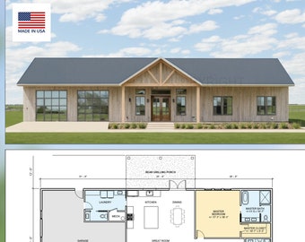 May include: A blueprint floor plan of a house with a garage, great room, kitchen, dining room, master bedroom, and two additional bedrooms. The floor plan is labeled with room names and dimensions in feet. The blueprint is on a white background with a blue border.