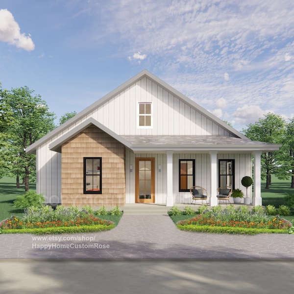 Idyllic Living Modern Cottage Construction Plans - Open Plan Design - Modern Farmhouse 2 Bed 2 Bath 1230 Square Feet - Drawings Blueprints