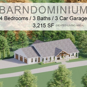 Cedar Springs Barndominium House Plan Design - 4 Bed 3 Bath 3200 sq ft - 3 Garage - Drawings Blueprints