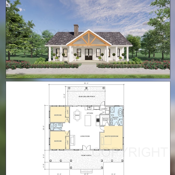 Cedar Springs Custom House Design - Modern Ranch Farmhouse 1500 Square Feet - Drawings Blueprints - Wood Truss