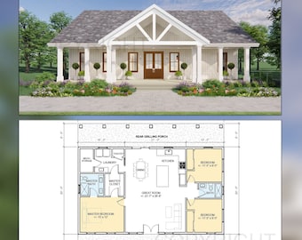 Plantas de casas em Oak Springs - Design de plano aberto - Casa de fazenda moderna com 3 quartos/2 banheiros e 1500 pés quadrados - Desenhos, plantas