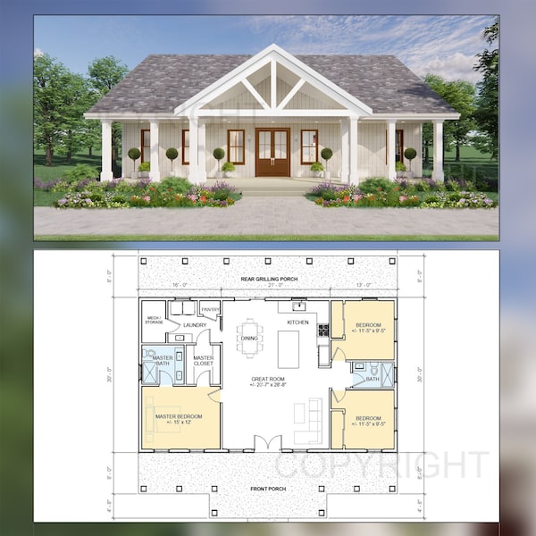 Plany domów w Oak Springs – projekt otwartego planu – nowoczesny dom wiejski z 3 sypialniami i 2 łazienkami, 142 metry kwadratowe – rysunki i plany