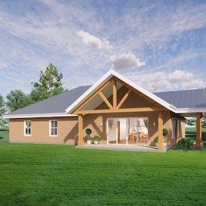 オザーク コンパクト ホームステッド バーンドミニウム ハウス プラン デザイン 65 x 40 - 2 ベッドルーム 1.5 バスルーム - 3 ガレージ - 図面 設計図