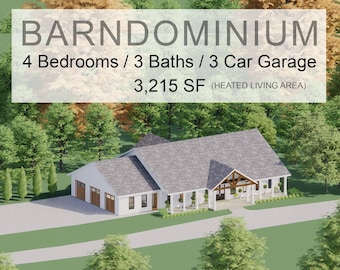 Cedar Springs Barndominium House Plan Design - 4 Bed 3 Bath 3200 sq ft - 3 Garage - Drawings Blueprints