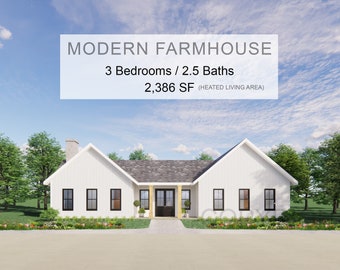 Twin Peaks Modern Farmhouse House Plan Design - 3 Bed 2.5 Bath 2386 sq ft - Drawings Blueprints