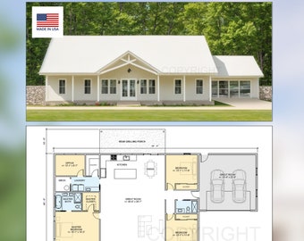 Farmhouse Barndominium - 40' x 60' House Plan Design - 3 Bed 2 Bath - Drawings Blueprints