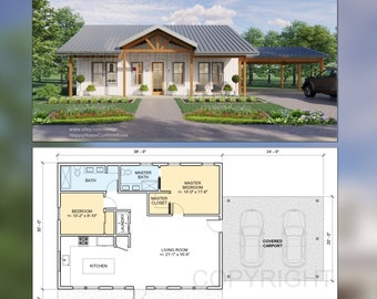 Idyllic Living Modern Barndrominium House Plans - Open Plan Design - 2 Bed 2 Bath 1170 Square Feet - Drawings Blueprints