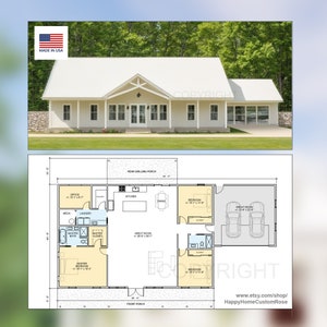 Farmhouse Barndominium - 40&#39; x 60&#39; House Plan Design - 3 Bed 2 Bath - Drawings Blueprints