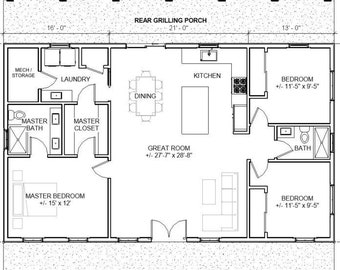 Oak Springs Custom House Design - Modern Farmhouse 3 Bed/2 Bath 1500 Square Feet - Drawings Blueprints - Wood Truss
