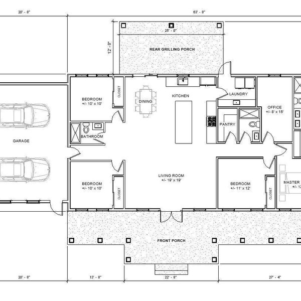 Cedar Springs Barndominium 4 bed 3 bath - Double Garage (84'x58')  - Wood Entry Truss - Floor Plan Only - Custom House Plan and Blueprint