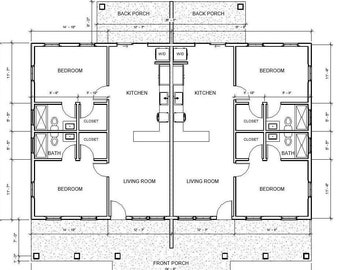 Gable Truss Duplex House Plan Design - 1820 SF - Modern Spacious Multifamily - Floor Plan Drawing - Investment Property