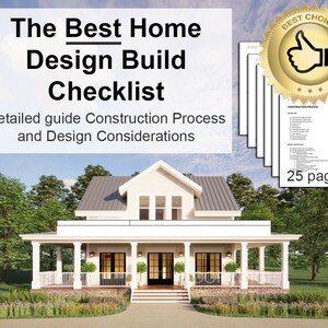 Könnte beinhalten: Eine Checkliste für die Planung und den Bau eines Hauses. Die Checkliste ist ein 25-seitiger Leitfaden mit einem weißen Haus mit Veranda im Hintergrund. Der Text auf der Checkliste lautet "Construction Process".