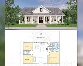 Puede incluir: Una casa de estilo farmhouse blanca con un porche delantero y un porche trasero para asar. La casa tiene una puerta delantera negra y ventanas blancas. El plano de planta muestra una sala de estar, una cocina, un comedor, un dormitorio principal, un baño y dos dormitorios. La casa tiene 15,49 metros de ancho y 10,97 metros de profundidad.