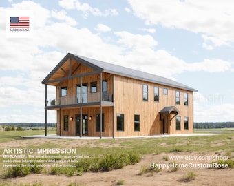 Tall Oak 2 story Barndominium House Plan Design - 3 Bed 2.5 Bath 2300 sq ft - 2 Garage - Drawings Blueprints