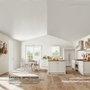 May include: A white kitchen with a large island, white cabinets, and stainless steel appliances. The kitchen has a vaulted ceiling and large windows. There is a dining table with white chairs in the foreground.