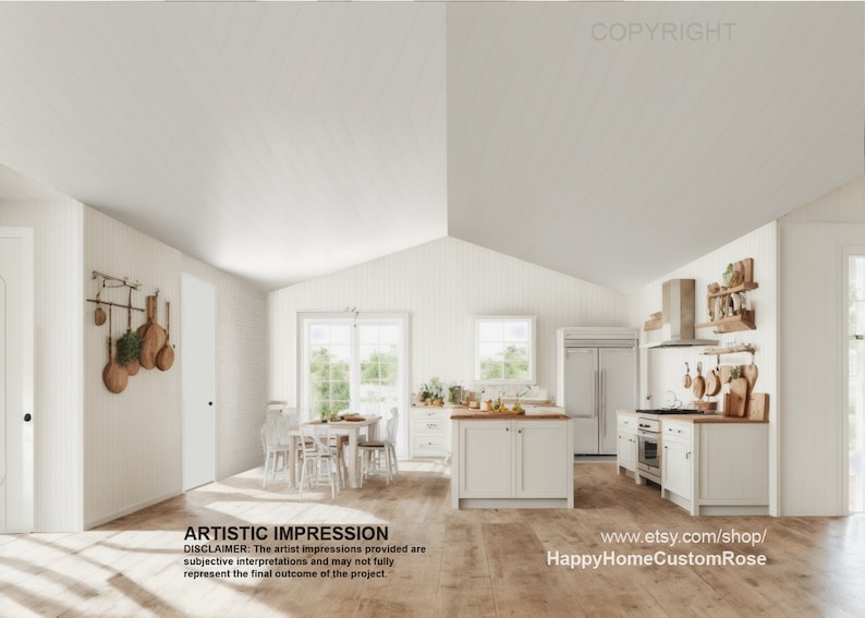 May include: A white kitchen with a large island, white cabinets, and stainless steel appliances. The kitchen has a vaulted ceiling and large windows. There is a dining table with white chairs in the foreground.