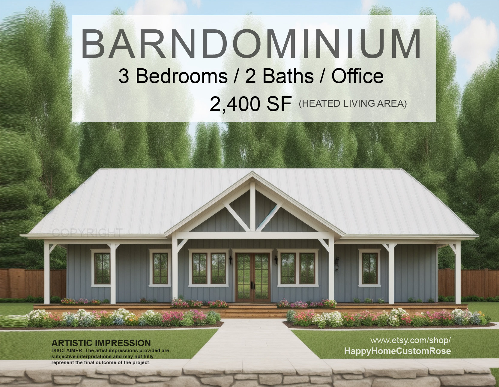 Farmhouse Barndominium 40' X 60' House Plan Design 3 Bed 2 Bath