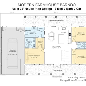 Puede incluir: Un dise&ntilde;o de plano de planta para una granja moderna de estilo barndo con tres dormitorios, dos ba&ntilde;os y un garaje para dos coches. El plano muestra una gran sala de estar, una cocina, un comedor, una lavander&iacute;a y un dormitorio principal con un vestidor y un ba&ntilde;o. El plano tambi&eacute;n muestra un porche delantero y un porche trasero con parrilla.