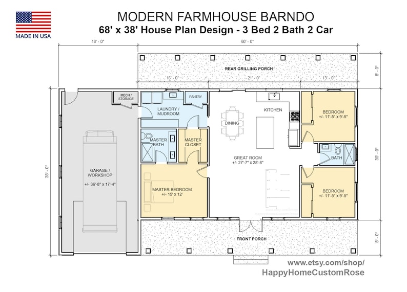 Puede incluir: Un dise&ntilde;o de plano de planta para una granja moderna de estilo barndo con tres dormitorios, dos ba&ntilde;os y un garaje para dos coches. El plano muestra una gran sala de estar, una cocina, un comedor, una lavander&iacute;a y un dormitorio principal con un vestidor y un ba&ntilde;o. El plano tambi&eacute;n muestra un porche delantero y un porche trasero con parrilla.
