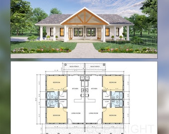 Gable Truss Duplex House Plan Design - 1820 SF - Modern Spacious Multifamily - Drawings Blueprints - Investment Property + Electrical Layout