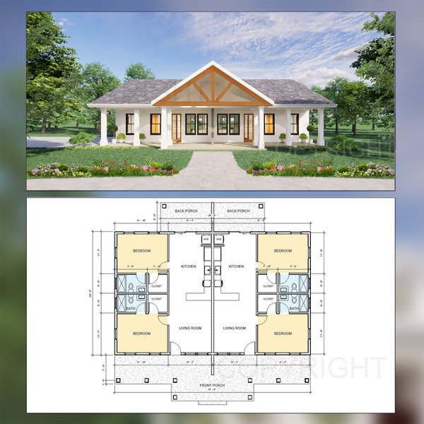 Gable Truss Duplex House Plan Design - 1820 SF - Modern Spacious Multifamily - Drawings Blueprints - Investment Property