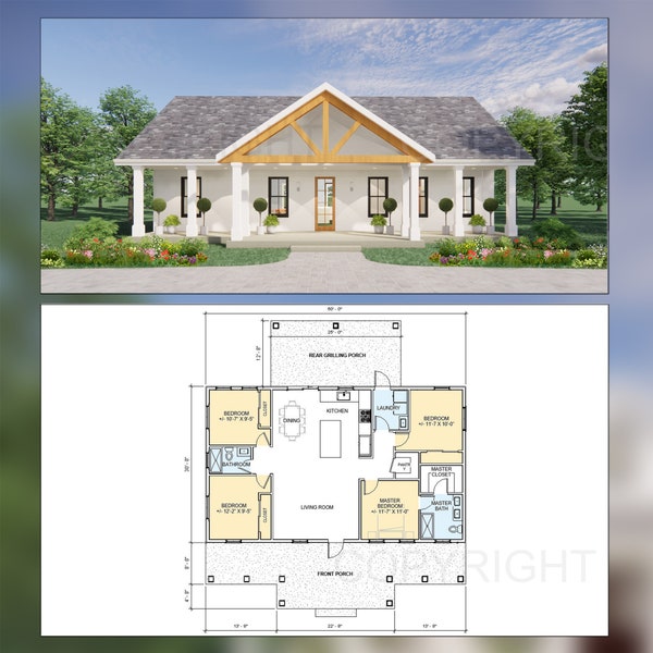 Redwood Terrace Custom House Plans and Blueprints - Spacious 4 Bed 2 Bath - 50'x30' - 1500 Square Feet - Drawings Blueprints - Wood Truss