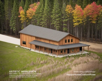 Shophouse Loft Barndominium Modern House Open Plan Design 100 x 40 - 3 Bed 2.5 Bath -  Drawings Blueprints