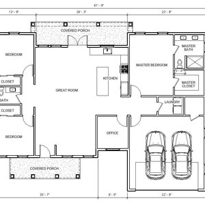 Traditional Craftsman 3 bed 2 bath (45'x62') 1860 Square Feet - House Floor Plan Drawing Blueprints