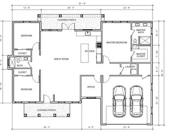 Traditional Craftsman 3 bed 2 bath (45'x62') 1860 Square Feet - House Floor Plan Drawing Blueprints