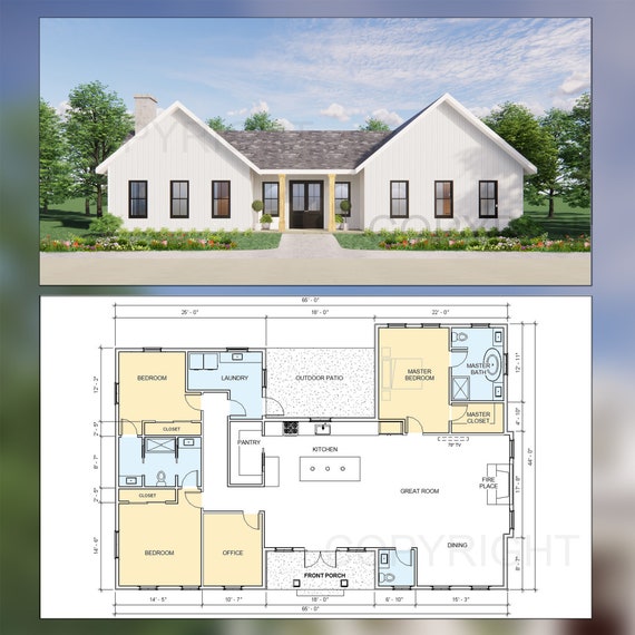 This stunning Twin Peaks Modern Farmhouse house plan features 3 bedrooms, 2.5 bathrooms, and 2386 square feet of living space. With detailed drawings and blueprints available on Etsy, you can bring this beautiful farmhouse design to life and create a cozy and inviting home for you and your family.