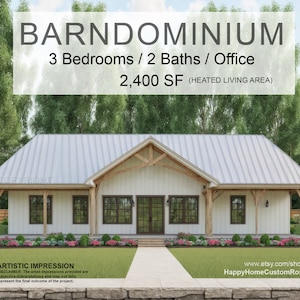 Farmhouse Barndominium - 40&#39; x 60&#39; House Plan Design - 3 Bed 2 Bath - Drawings Blueprints
