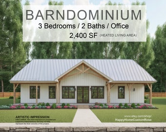 Farmhouse Barndominium - 40' x 60' House Plan Design - 3 Bed 2 Bath - Drawings Blueprints