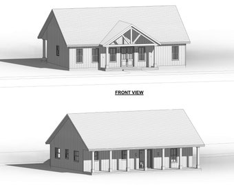 House Construction Plans - Open Plan Design - Modern Farmhouse 3 Bed/2 Bath 1500 Square Feet - Drawings Blueprints