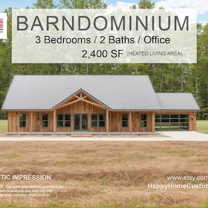 Farmhouse Barndominium - 40' x 60' House Plan Design - 3 Bed 2 Bath - Drawings Blueprints